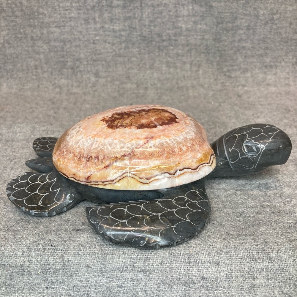 Vtg Hand Carved Ecuador Stone Marble Sea Turtle Trinket Box Figurine Tortoise